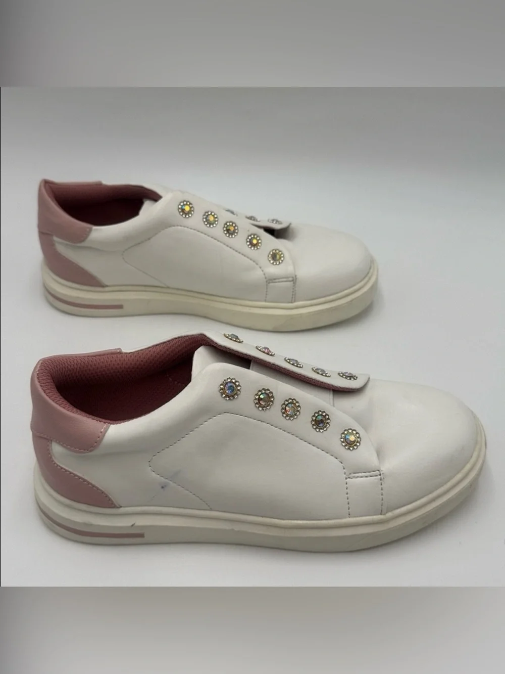 Sincerly Jules White Slip-On Sneakers with Dusty Rose Accents and Crystal Studs